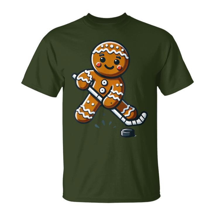 Cute Gingerbread Man Hockey Player Hockey Christmas Kid Boys T-Shirt