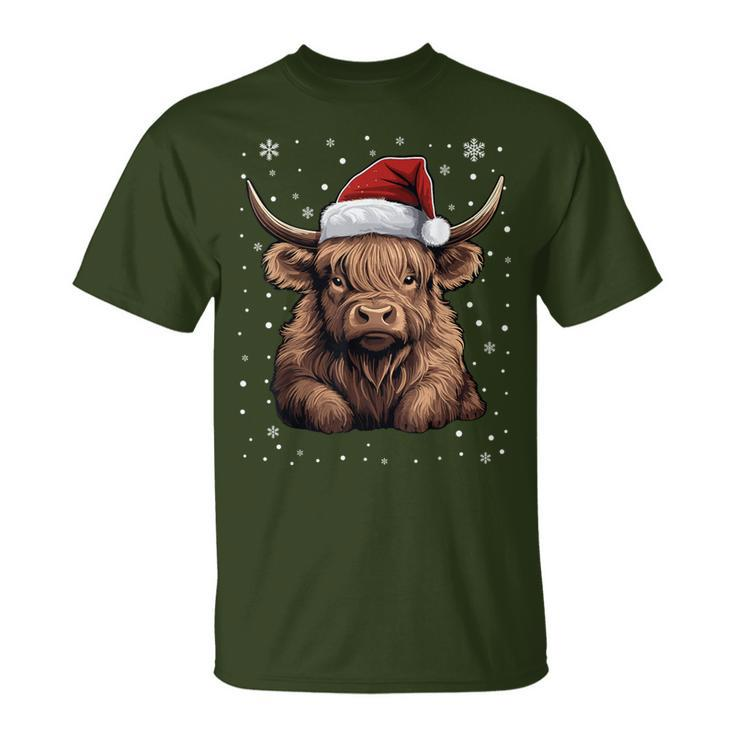 Cute Highland Cow Christmas Santa Hat Xmas Pajama T-Shirt