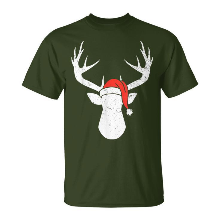 Deer With Santa Hat Christmas Pajama Hunting Hunter Xmas T-Shirt