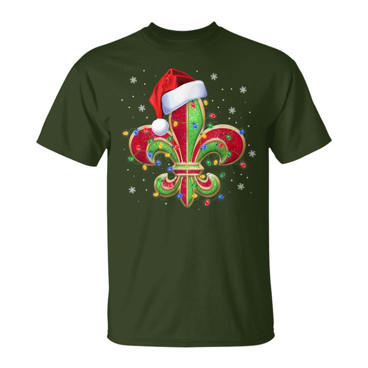 Fleur De Lis Christmas Ornament With Santa Hat Xmas Lights T-Shirt