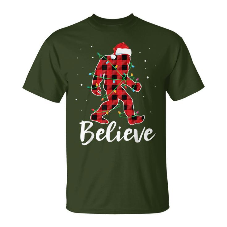 Believe Plaid Bigfoot Christmas Light Sasquatch Santa T-Shirt