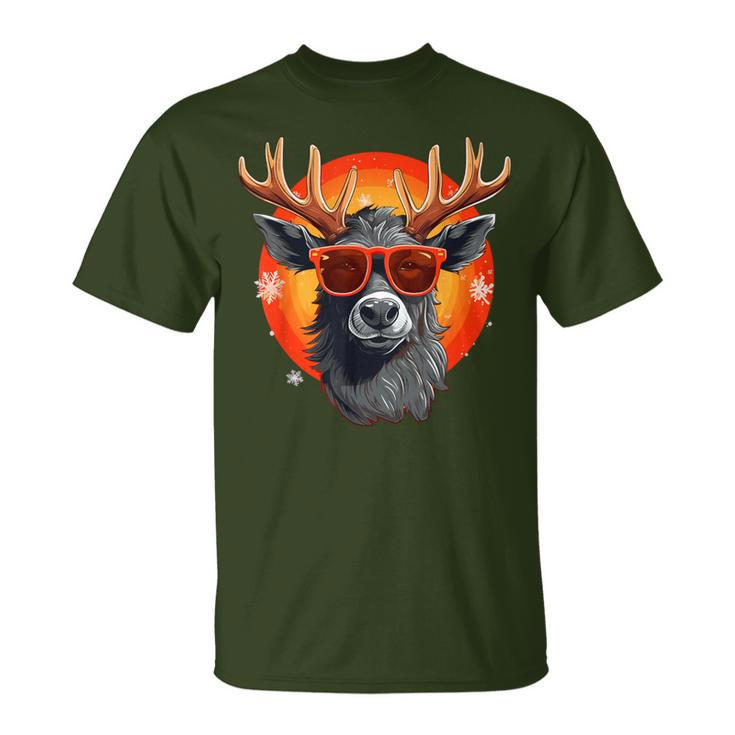 Grey Reindeer With Sunglasses In Christmas Style T-Shirt