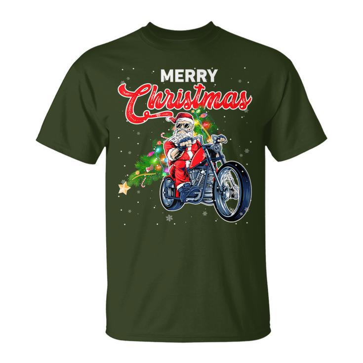 Santa Claus With Motorcycle Xmas Tree Merry Christmas T-Shirt