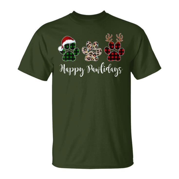 Happy Pawlidays Dog Paws Buffalo Plaid Leopard Christmas T-Shirt