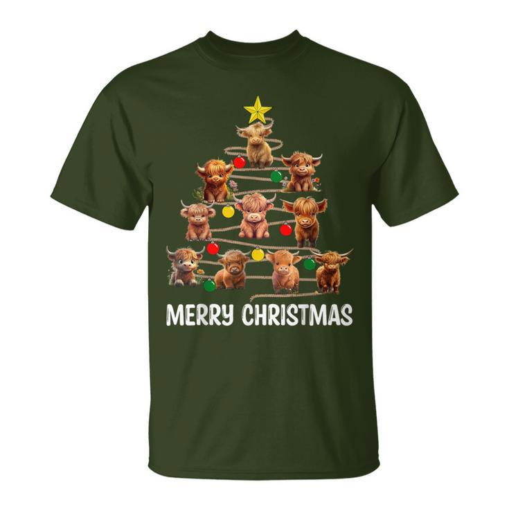 Merry Christmas Highland Cow Western Xmas Tree Pajama T-Shirt