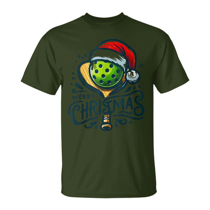 Merry Christmas Pickleball Pickle Ball And Paddle Santa Hat T-Shirt