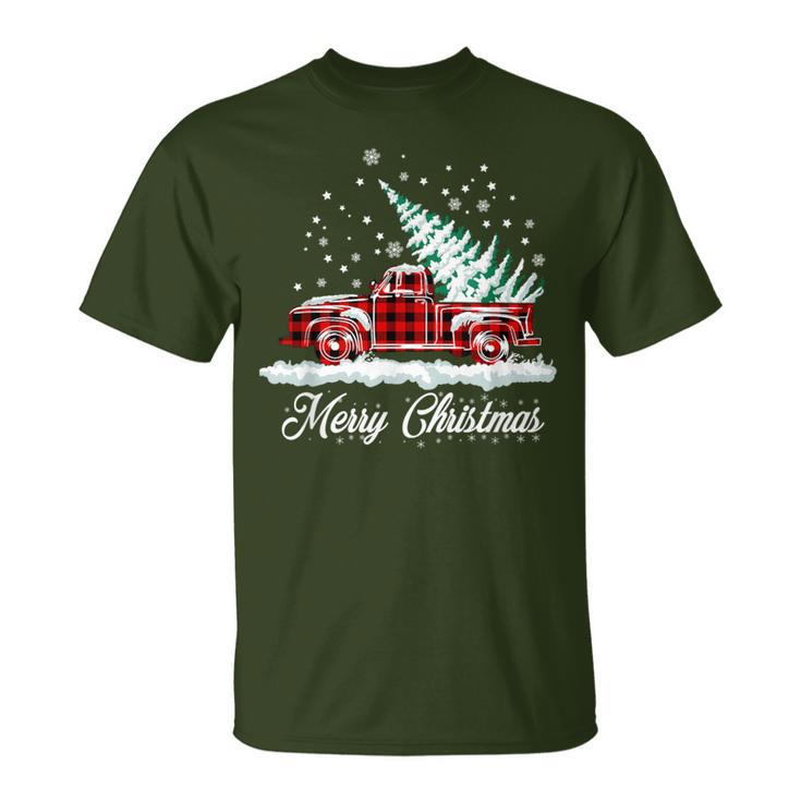 Merry Christmas Vintage Plaid Snow Truck Tree Pickup T-Shirt