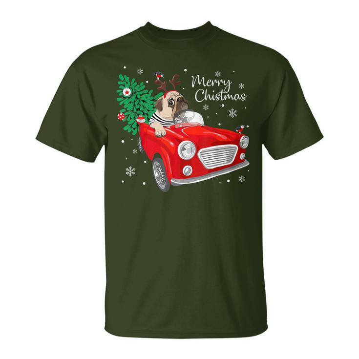 Merry Christmas Vintage Pug Dog Reindeer Red Truck Xmas Tree T-Shirt