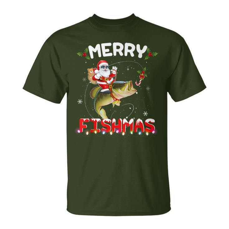 Merry Fishmas Santa Riding Fish Christmas Pjs Fishers T-Shirt