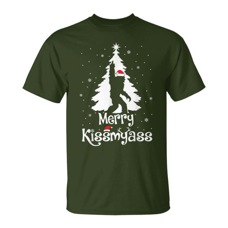 Merry Kissmyass Bigfoot Yeti Sasquatch Christmas Tree T-Shirt