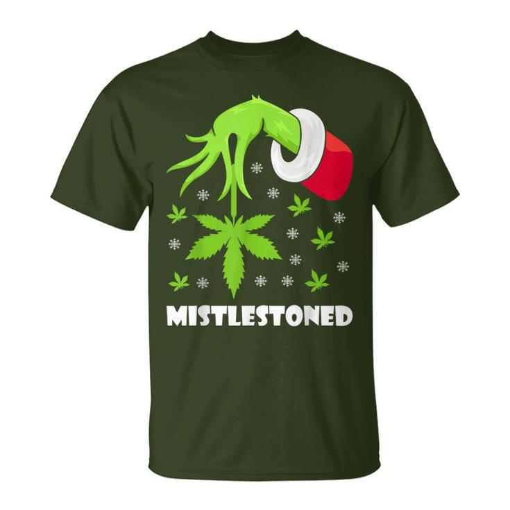 Mistlestoned Weed Leaf Cannabis Marijuana Ugly Christmas T-Shirt