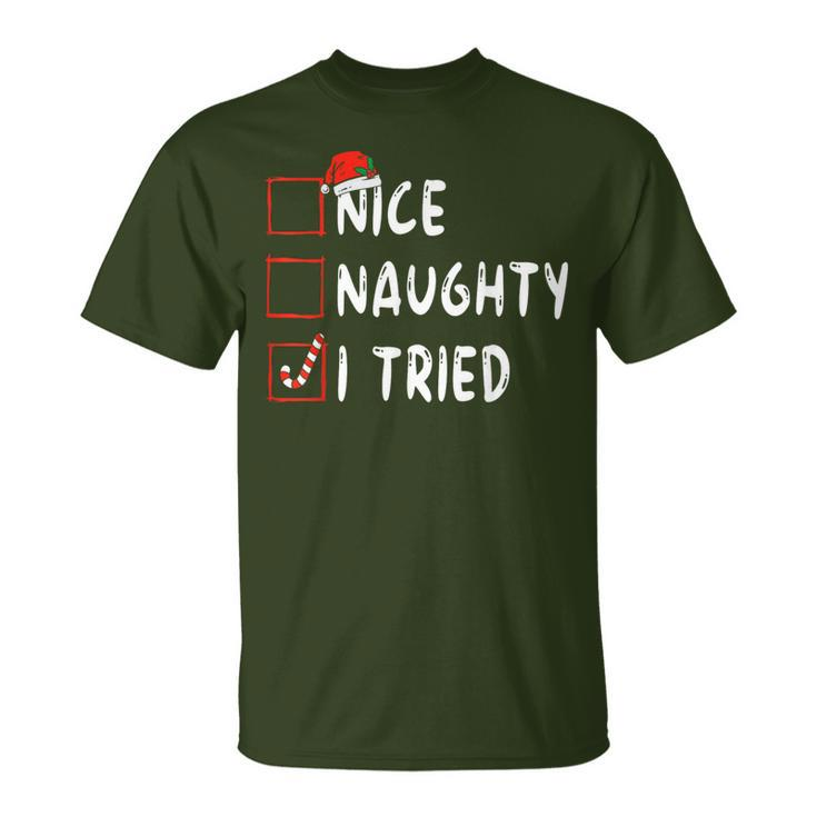 Nice Naughty I Tried Santa Hat Christmas Lights Pajama T-Shirt