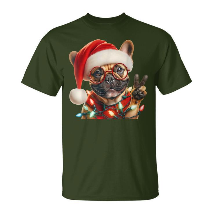 Peace Sign Hand French Bulldog Santa Christmas Dog Pajamas T-Shirt