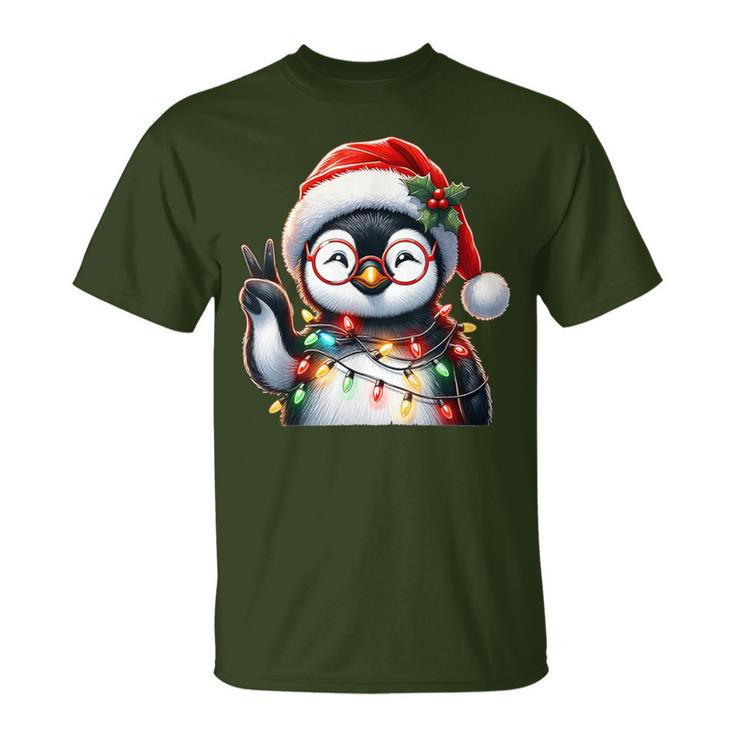 Peace Sign Hand Penguin Santa Christmas Penguin Pajamas T-Shirt