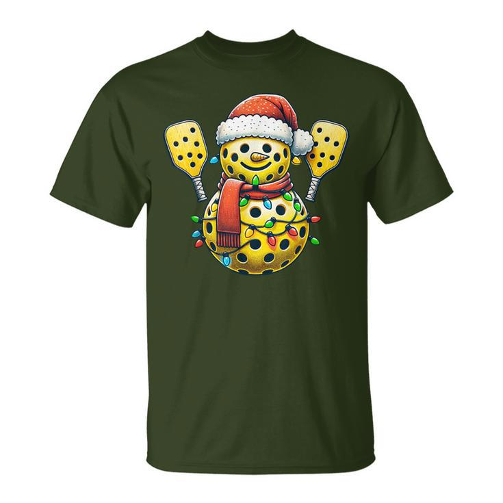 Pickleball Snowman Santa Hat Lights Christmas Pickleball T-Shirt