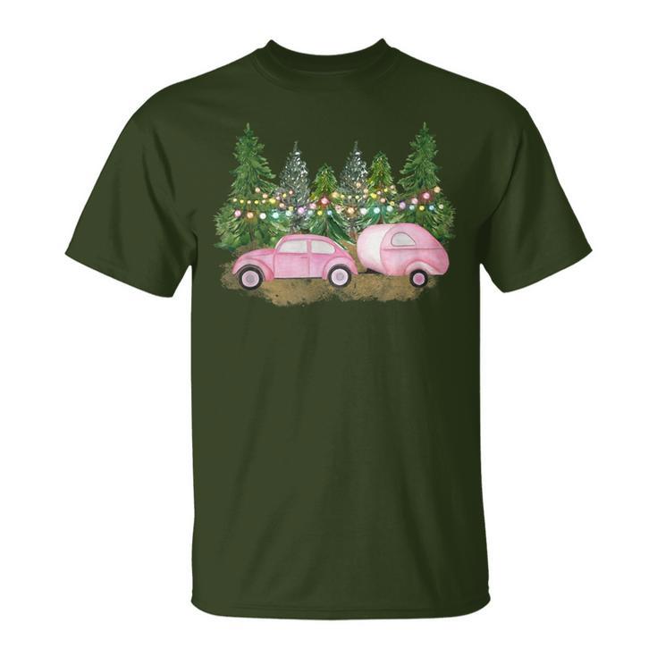 Pink Christmas Retro Pink Car & Camper Christmas Tree Lot T-Shirt