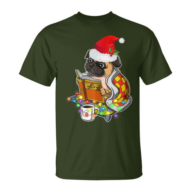 Pug Reading Book Dog Bookworm All Booked For Christmas T-Shirt