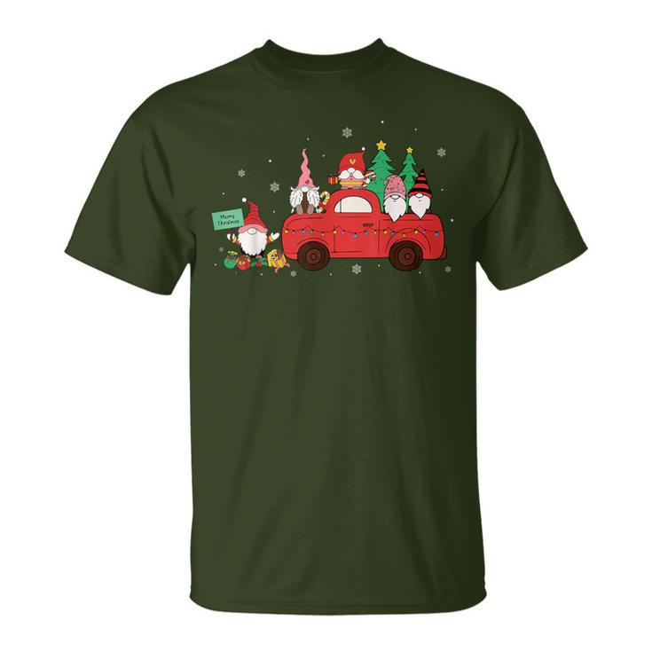 Retro Red Truck Christmas Tree With Gnome Gnomies Farming T-Shirt