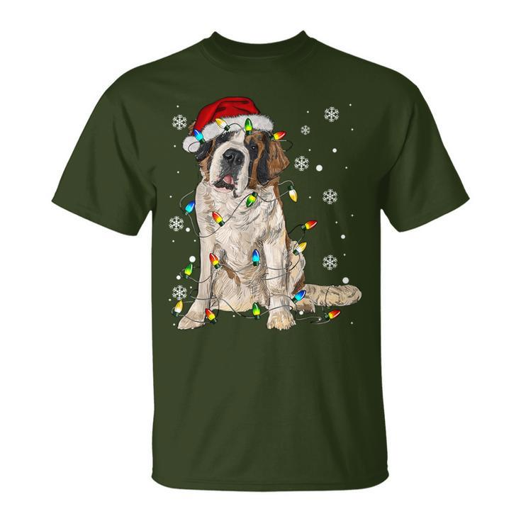 Saint Bernard Dog Santa Christmas Tree Lights Pajama Xmas T-Shirt