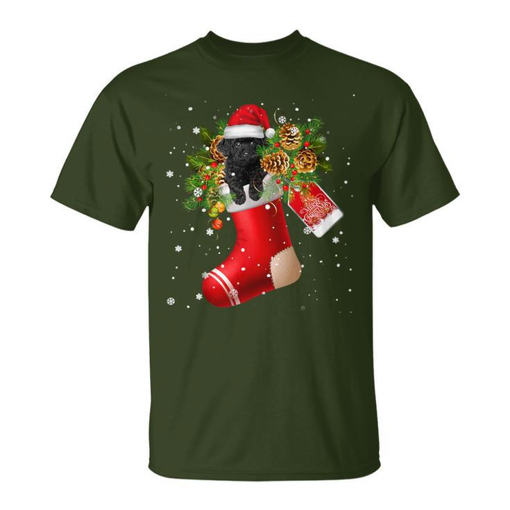 Santa Black Toy Poodle In Christmas Sock Pajama T-Shirt
