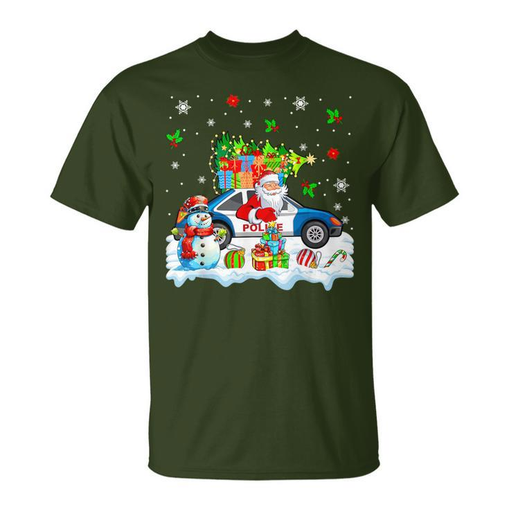 Santa Carrying Christmas Tree On Police Car Snowman Driver T-Shirt