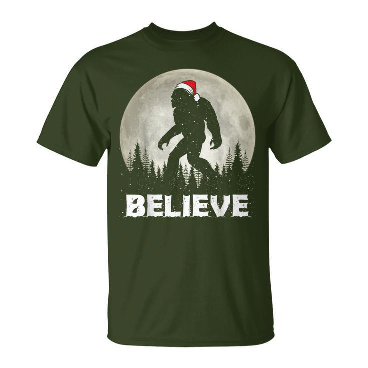 Santa Hat Bigfoot Believe Christmas Lights Rock Sasquatch T-Shirt