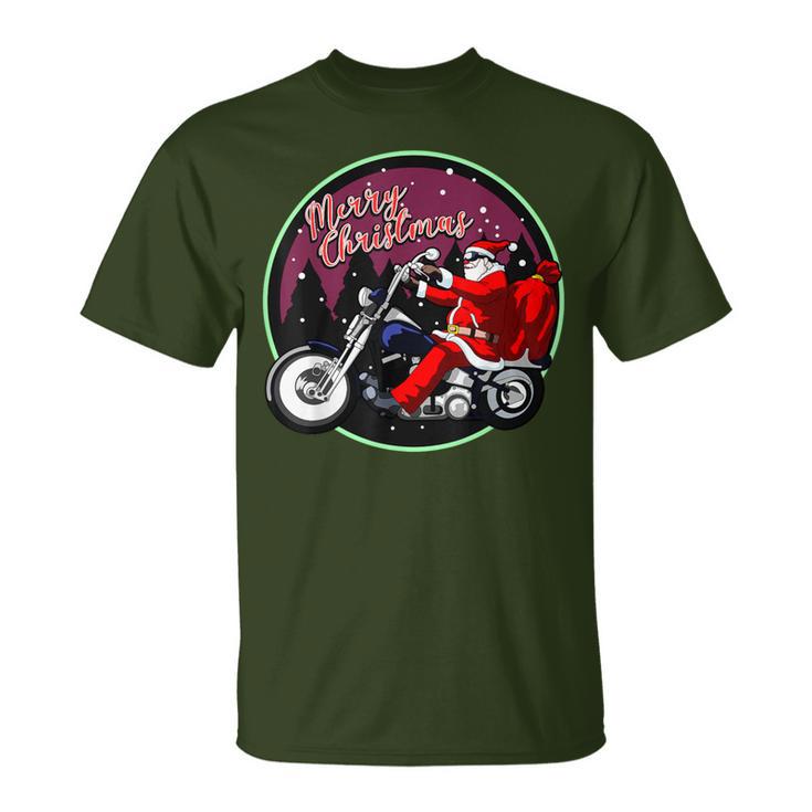 Santa On Motorcycle Merry Christmas Men Biker Rider Xmas T-Shirt