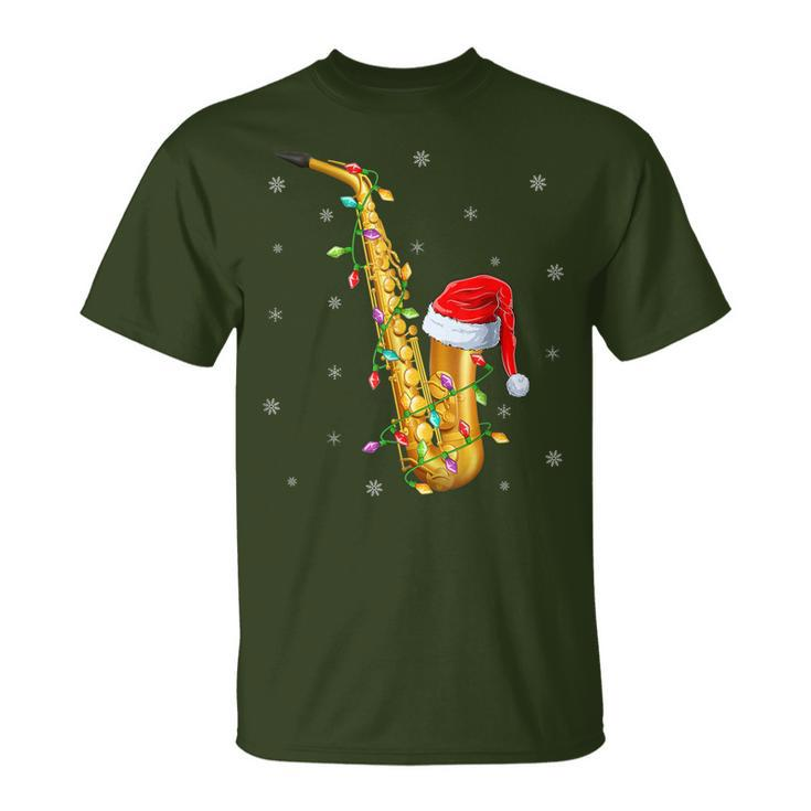 Saxophone Music Lover Xmas Lights Santa Saxophone Christmas T-Shirt