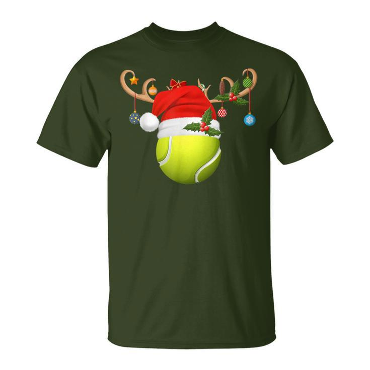 Tennis Player Reindeer Santa Hat Tennis Ball Christmas T-Shirt