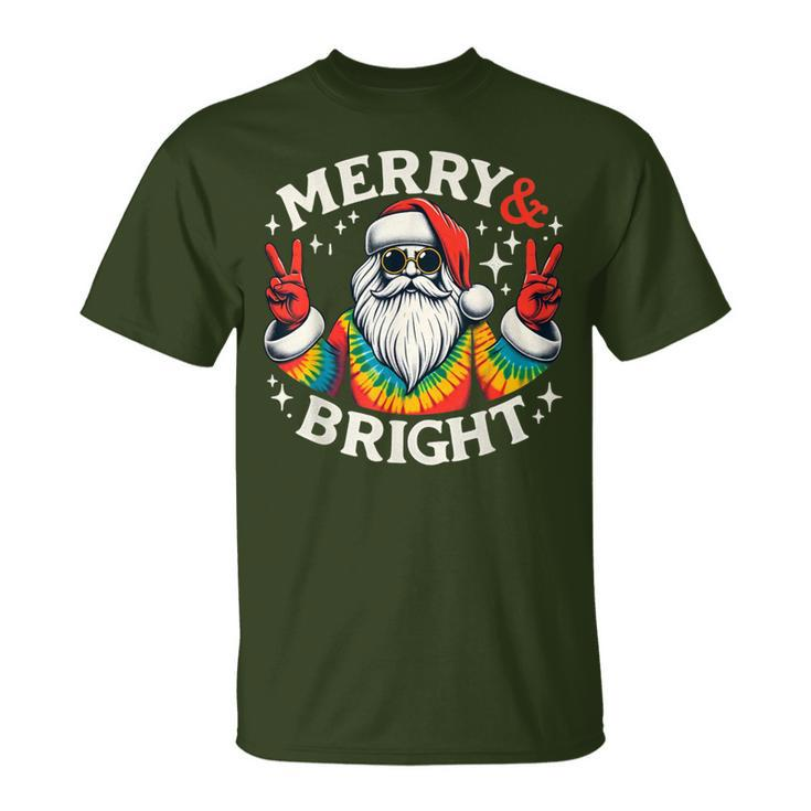 Vintage Retro Merry And Bright Hippie Santa Peace Christmas T-Shirt