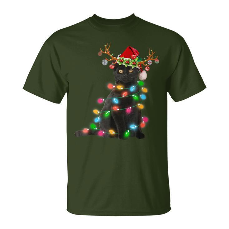 Xmas Reindeer Black Cat Christmas Lights Cat Lover T-Shirt