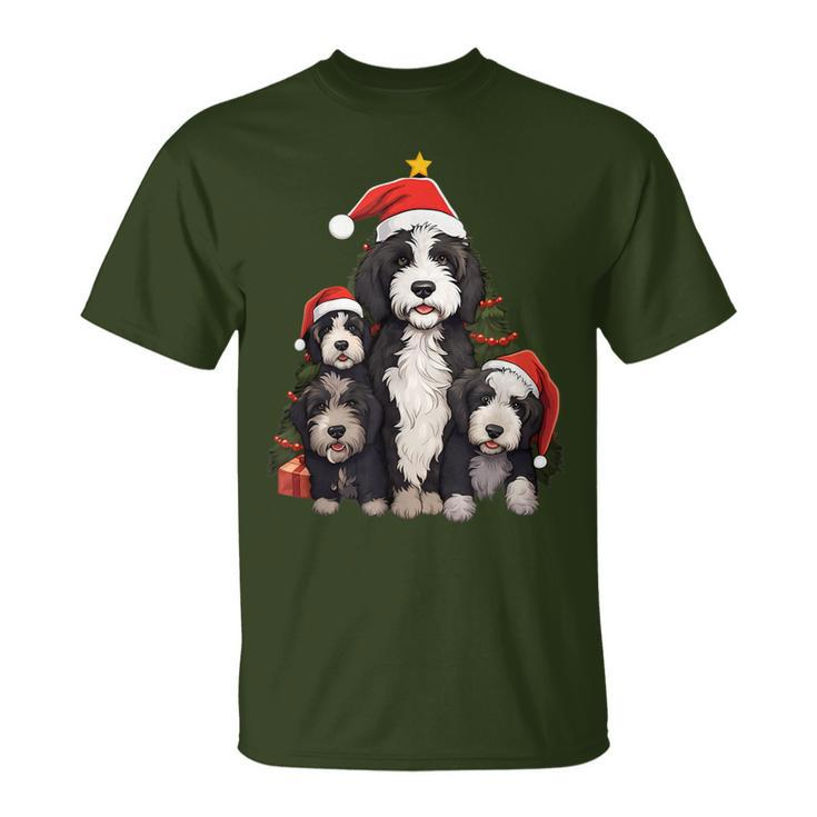 Xmas Sheepadoodle Dog Pile Up Christmas Tree T-Shirt