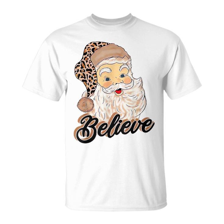 Believe Costume Santa Claus With Leopard Christmas Hat T-Shirt