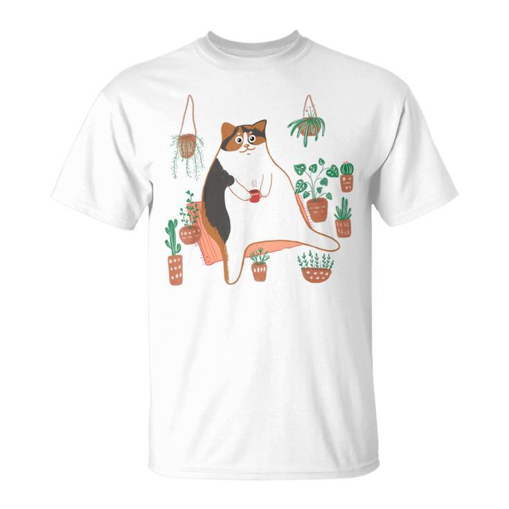 Calico Cat With Pot Plants Cat Lover For Mom Women T-Shirt