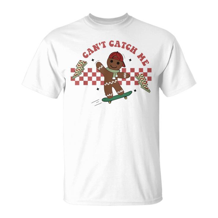 Can't Catch Me Merry Christmas Boy Skateboarding Gingerbread T-Shirt