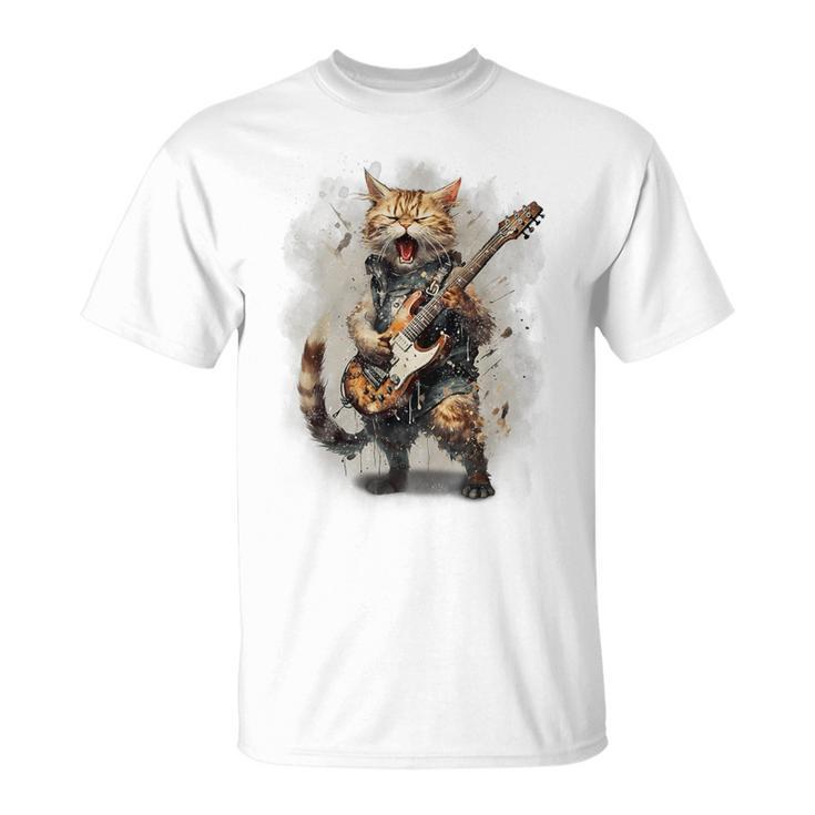 Cat Singing With Electric Guitar Vintage T-Shirt