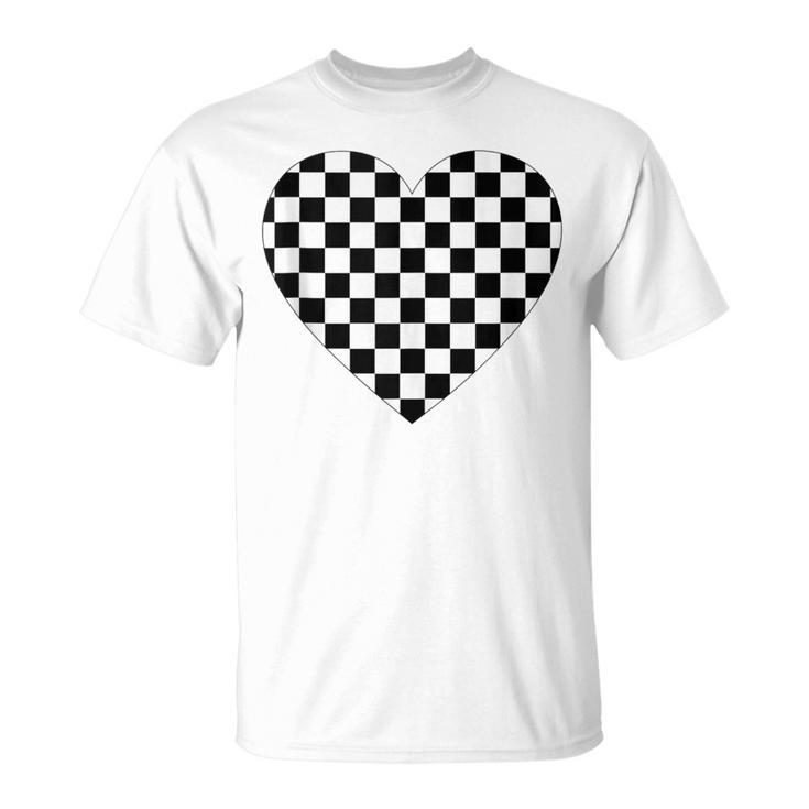 Checkered Love Heart Black White Plaid Racing T-Shirt