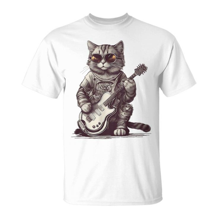 Cool Guitar Playing Cat With Glasses Band Rock Guitar T-Shirt