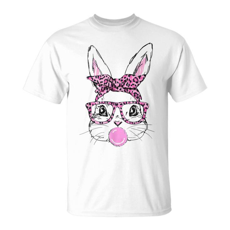 Cute Bunny Face Pink Glasses Leopard Bublegum Easter Day T-Shirt