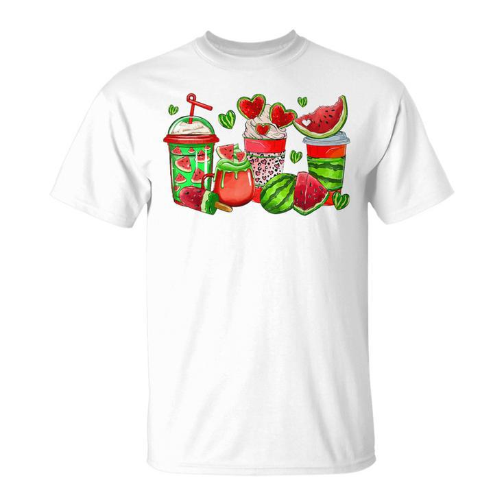 Cute Cups Of Iced Coffee Watermelon Tropical Summer Vacation T-Shirt