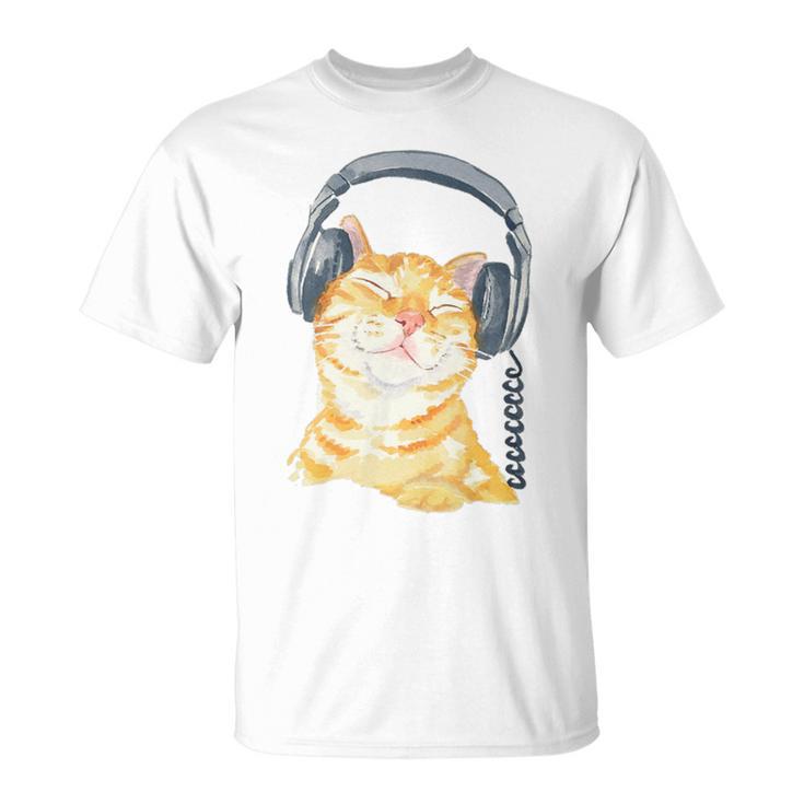 Cute Ginger Cat Grooving To Music Headphones T-Shirt