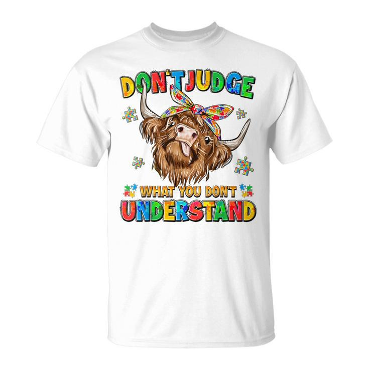 Dont Judge Understand Autism Awareness Day Cow Womens T-Shirt