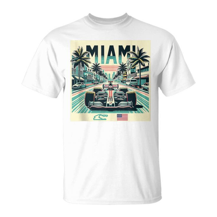 Formula Racing Open Wheel Car Retro Miami Circuit Usa Flag T-Shirt