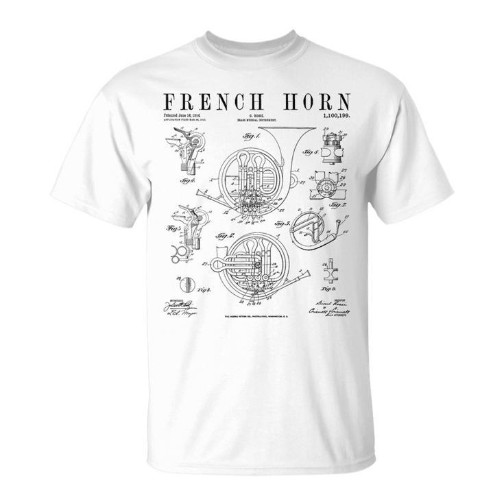 French Horn Old Vintage Antique Patent Drawing Print T-Shirt