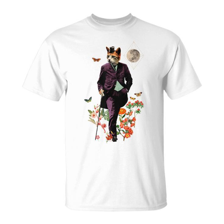 Cat With Flowers And Walking Stick And Moon T-Shirt