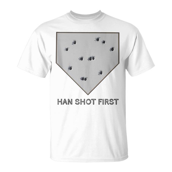 Han Shot First Baseball First Base Cool Nerd T-Shirt