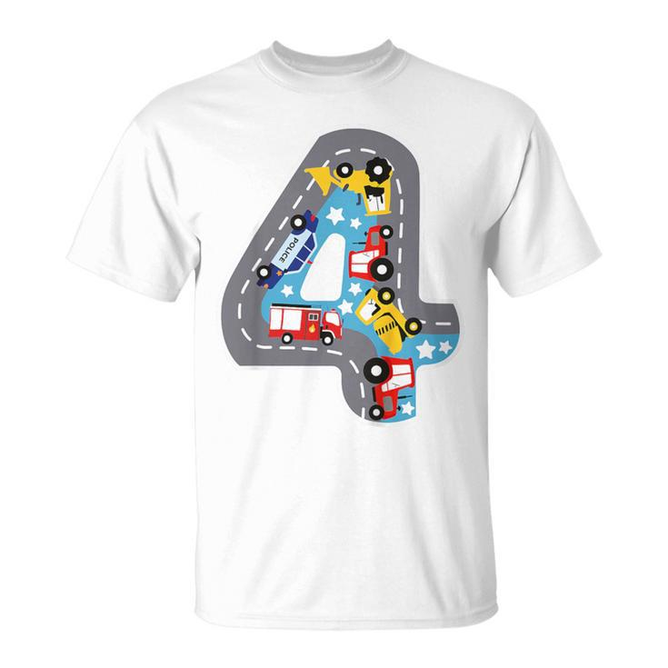 Kinder Kinder Geburtstag 4 Jahre Junge Autos Zahl Alter Straße T-Shirt