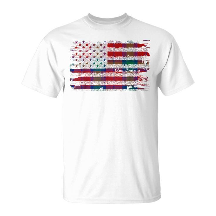 Lindsay Surname American Flag Scottish Clan Tartan T-Shirt