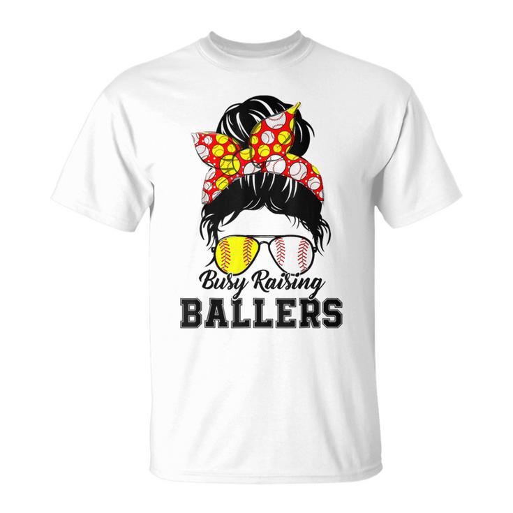 Messy Bun Mom Of Both Baseball Softball Busy Raising Ballers T-Shirt