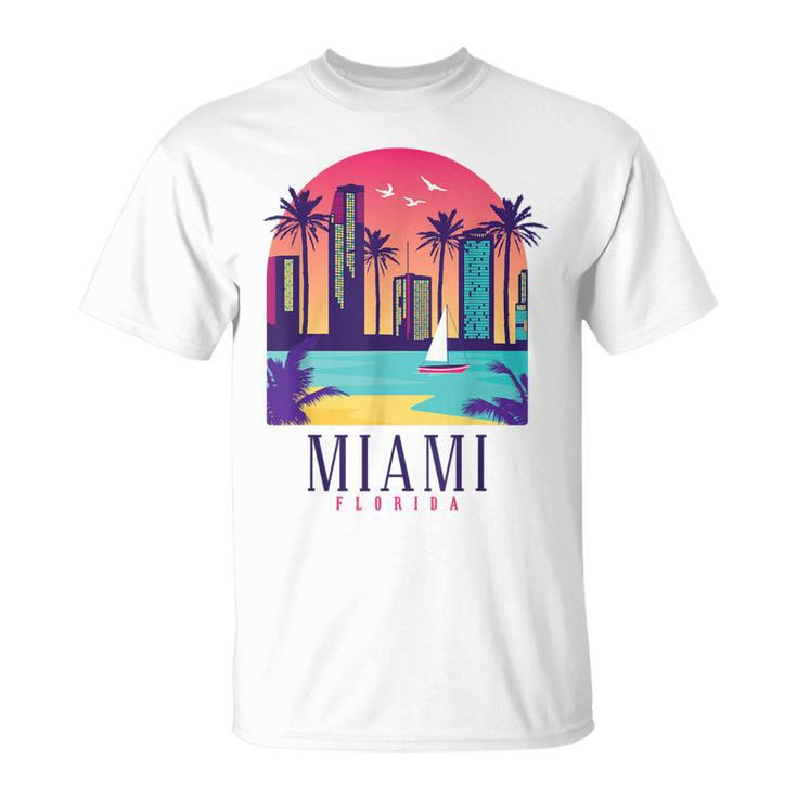Miami Florida Vintage Retro Skyline Palm Trees Souvenir T-Shirt